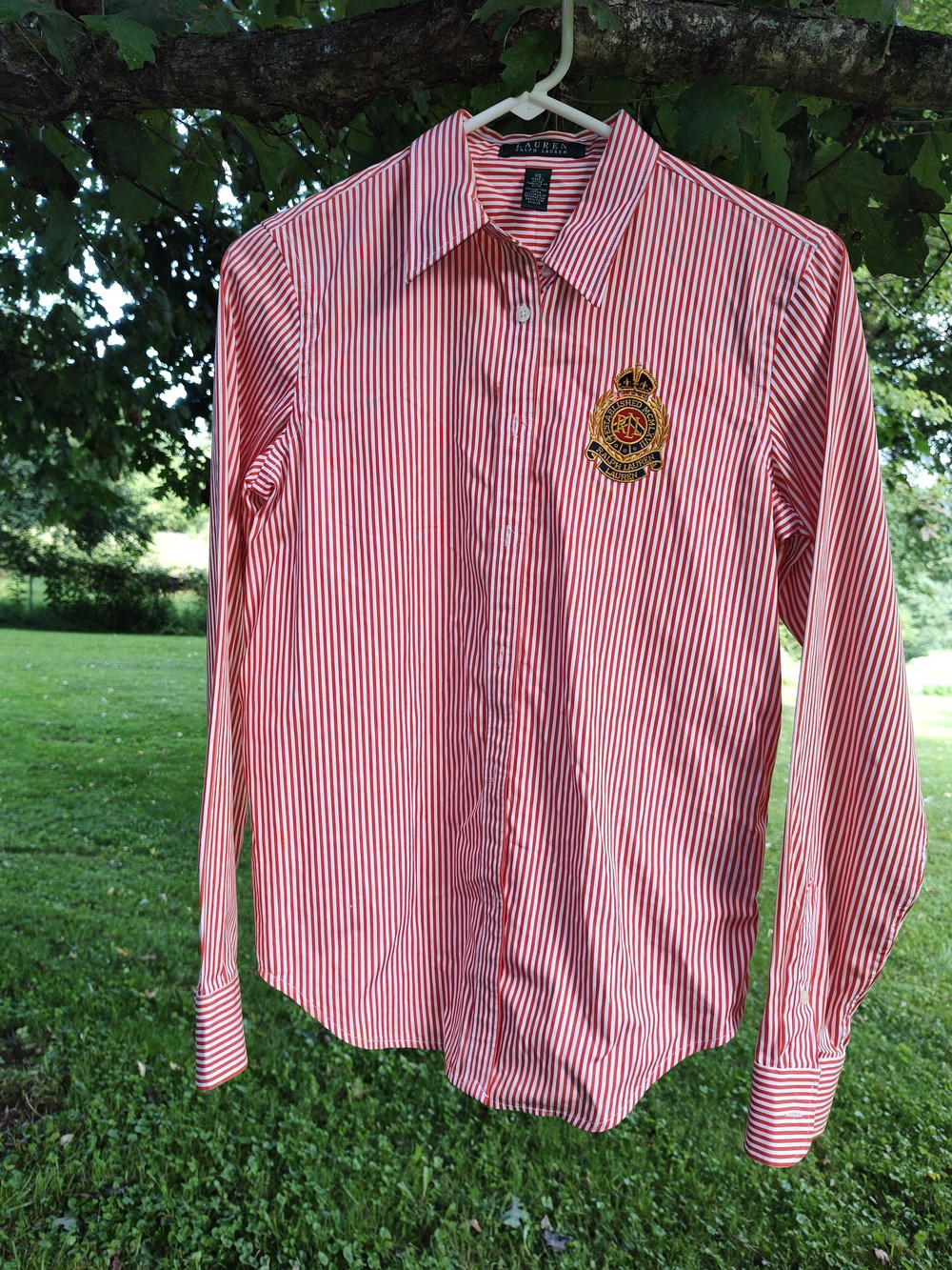 Ralph Lauren Red/ Orange and White Striped Dress Shirt with Embroidered Crest